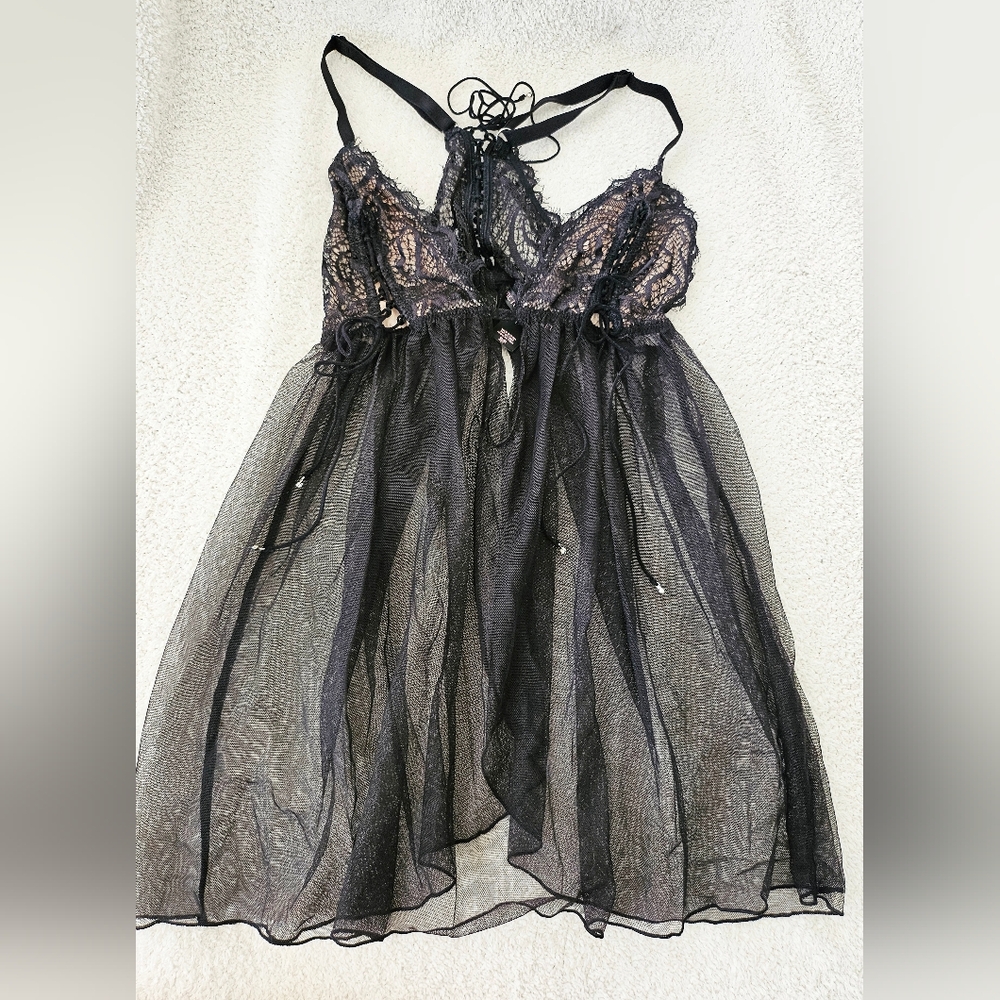 Victorias Secret Very Sexy Mesh Tulle Black Lace Babydoll Lingerie Set